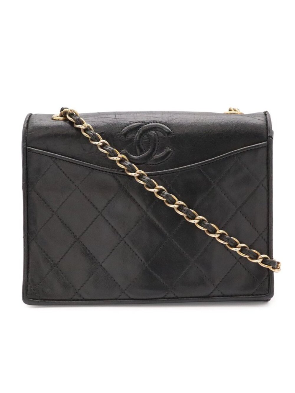 Chanel Quilted CC Logo Chain Shoulder Bag Pochette Lambskin Leather Black Gold